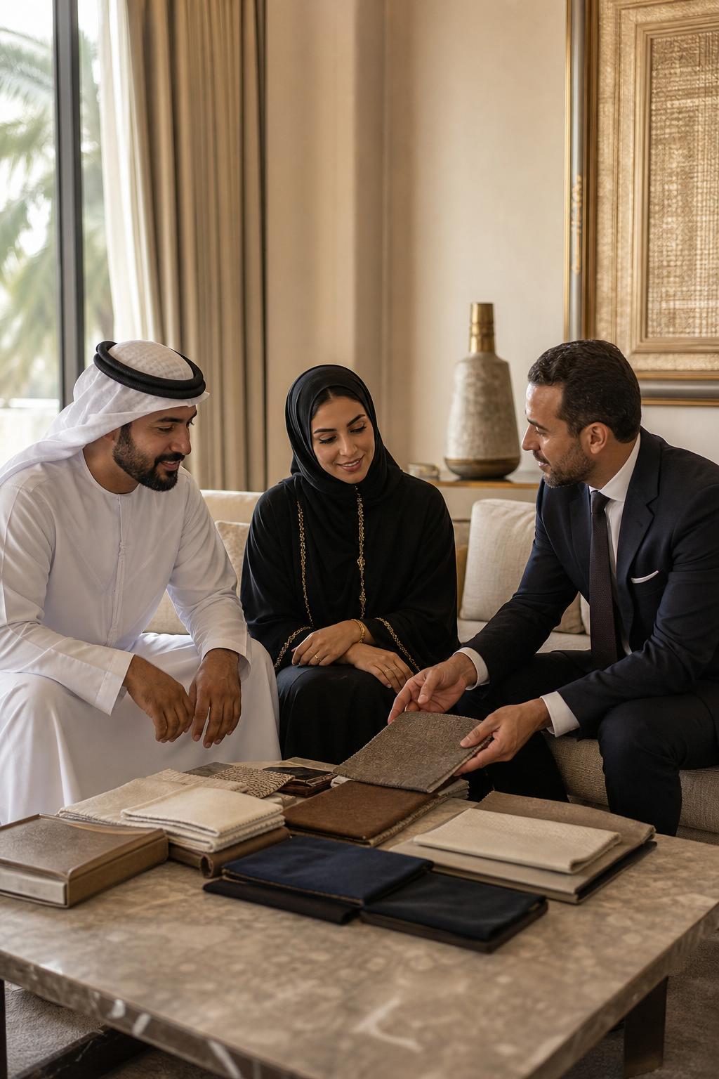 A professional fabric consultant and an Emirati couple reviewing premium fabric swatches in a living room